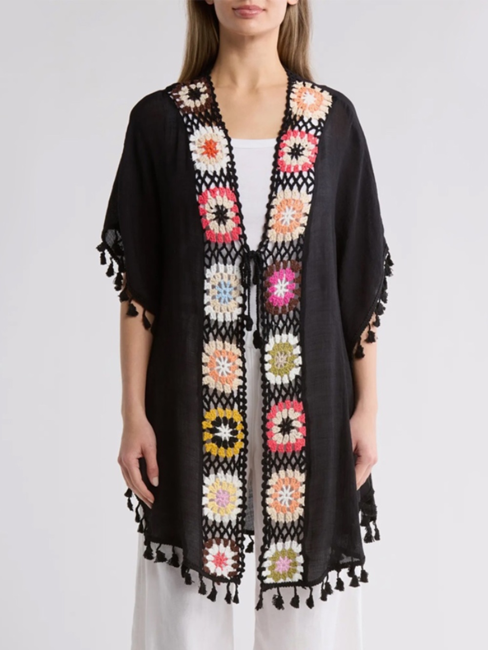 Vince Camuto - Crocheted Square Colorful Tie Waist Black Tassel Ruana - One Size